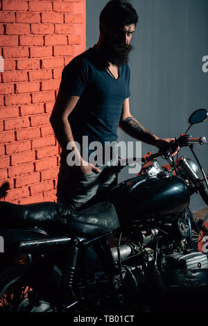 biker forever. he is biker forever. bearded man became biker forever. biker forever concept. welcome to my place. Stock Photo