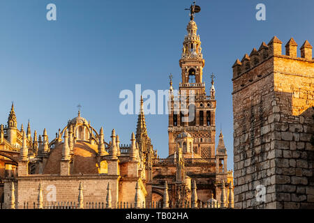 La Giralda Tower and defensive wall of Los Reales Alcazares, Seville, Spain Stock Photo