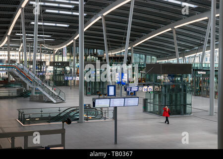 High perspective of a desolate Utrecht Centraal station hall. Due to a national strike in public transport train travel is cancelled. The Netherlands. Stock Photo