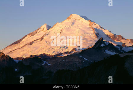 USA, Washington, Mt. Baker Snoqualmie National Forest, Sunrise light on glacier-clad northeast side of Mt. Baker in Mt. Baker Wilderness. Stock Photo