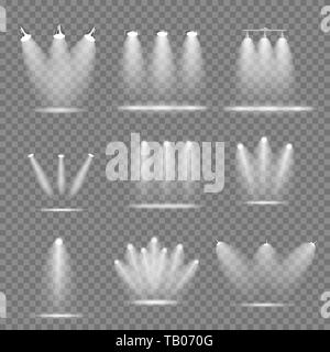 Set of Realistic Bright Projectors Lighting Lamp Collection with Spotlights Lighting Effects with Transparency Isolated on Transparent Background. Vec Stock Vector