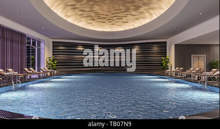Modern interior design of indoor swimming pool with pool beds, night ...