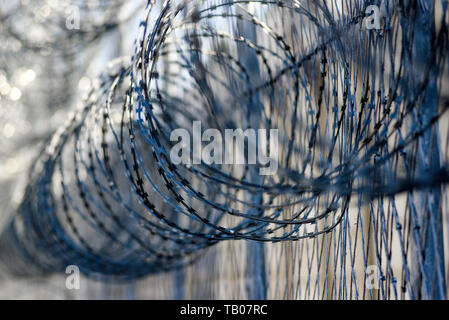 Barbed wire in prison, protecting prisoners from escaping. Stock Photo