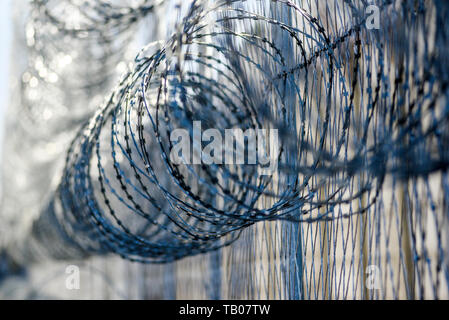 Barbed wire in prison, protecting prisoners from escaping. Stock Photo