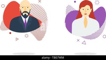 Man woman avatar set on dynamic modern liquid element graphic flat style design fluid vector colored illustration simple abstract shapes. Male female  Stock Vector