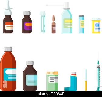 Pharmacy medication products set. Medicine packaging bottles with labels and pills, drugs, tablets, capsules vitamins and spray, pipette and syringe.  Stock Vector
