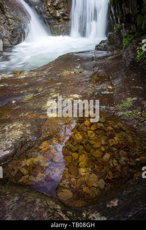 Beautiful, small pond full of colorful, fall color leaves and clear water reflecting a base of a waterfall cascading down the wet, colorful red rocks Stock Photo