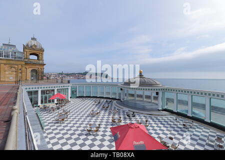 An empty dining area at Scarborough Spa on the Yorkshire Coast. Stock Photo