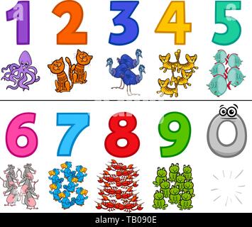 Cartoon Illustration of Educational Numbers Set from One to Nine with Funny Animal Characters Stock Vector