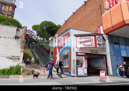 Central Tramway in Scarborough that takes tourists up and down the cliffs instead of the steep steps. Stock Photo