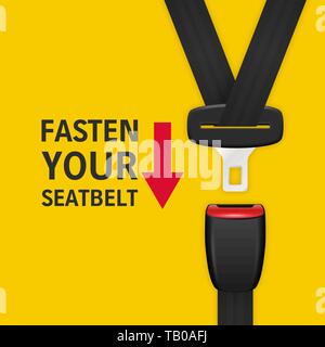 Vector Background with 3d Realistic Unblocked Passenger Seat Belt Clopeup Isolated on Yellow. Fasten Your Seatbelt. Design Template. Top View Stock Vector