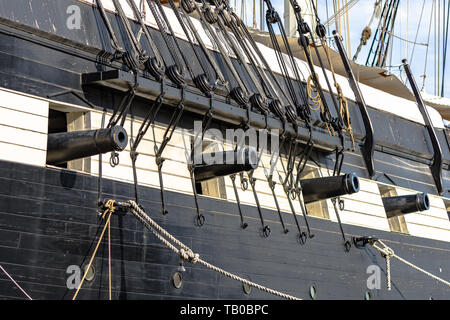 Baltimore, Maryland, USA - July 8, 2017: Close up of cannons on the USS Constellation, one of the historic ships docked in Baltimore's Inner Harbor. B Stock Photo