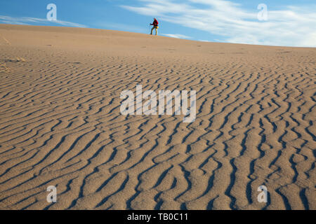 Hiker with sand ripples, Bruneau Dunes State Park, Snake River Birds of Prey National Conservation Area, Idaho Stock Photo