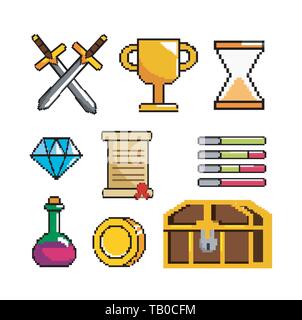 set of pixelated videogame scene and digital console vector illustration Stock Vector