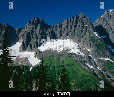 USA, Washington, North Cascades National Park, The Triplets (left), Cascade Peak (right) and Johannesburg Mountain (far right); from Cascade Pass. Stock Photo