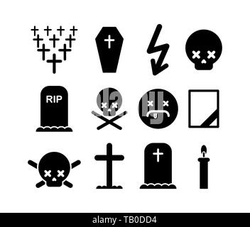 Death icon set. Tombstone and cross symbol. Cemetery and skull. Candle and mourning frame Stock Vector
