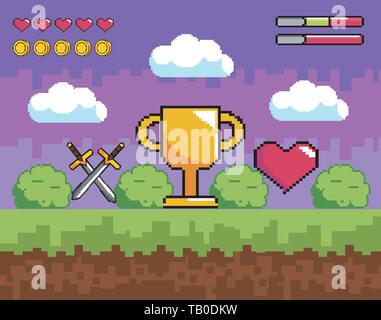 videogame scene with pixelated cup prize and swords with heart vector illustration Stock Vector