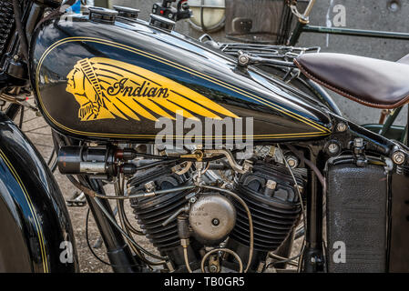 Indian black and gold motorbike with a logo on the tank, MAy 25 2019, Copenhagen, Denmark Stock Photo