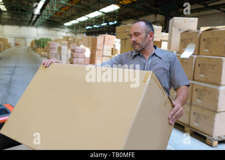 porter carrying boxes in a warehouse Stock Photo