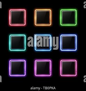 Neon square shape frame set with glass texture. Stock Vector