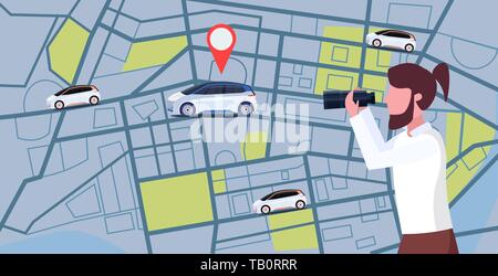 casual man looking through binoculars searching automobile with location pin rent car sharing concept transportation carsharing service city street Stock Vector