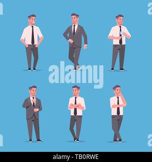 set businessmen in formal wear standing pose smiling male cartoon characters business men office workers posing collection flat full length Stock Vector