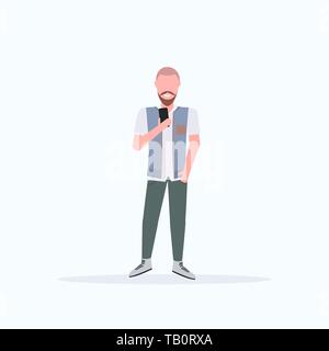 man taking selfie photo on smartphone camera casual male cartoon character posing on white background flat full length Stock Vector