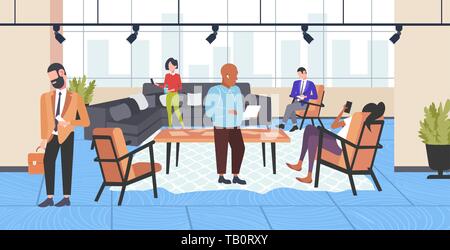 mix race businesspeople working in relaxation area business people office workers having corporate break men women using smartphones modern cabinet Stock Vector