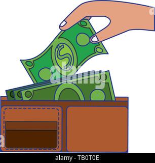Hand grabbing money from wallet blue lines Stock Vector