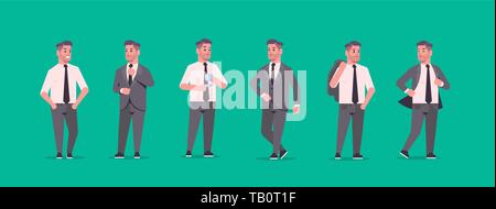 businessmen in formal wear standing different poses smiling male cartoon characters business men office workers posing collection flat full length Stock Vector