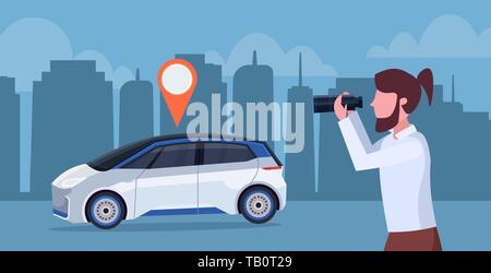 casual man looking through binoculars searching automobile with location pin rent car sharing concept transportation carsharing service night Stock Vector