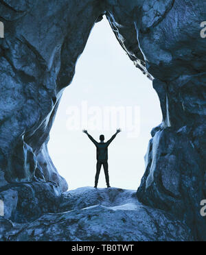 Man at the entrance of the cave,3d illustration Stock Photo