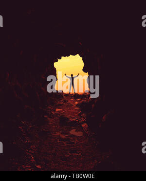 Man at the entrance of the cave,3d illustration Stock Photo