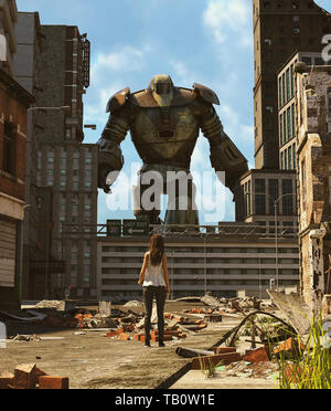 Girl looking at a Robot in abandoned city,3d rendering Stock Photo