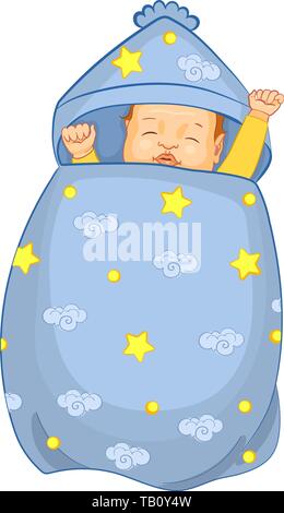 Baby sleeping in a sleeping bag. Realistic cartoon Vector illustration with a newborn baby in cocoon. Pattern with cartoon stars, clouds. Stock Vector