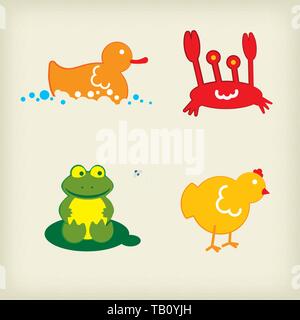 Vector illustration. Set of four animal illustration. Duck, crap, frog chicken Stock Vector