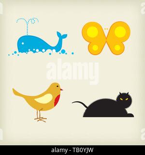 Vector illustration. Set of four animal illustration. Whale, butterfly, robin cat Stock Vector