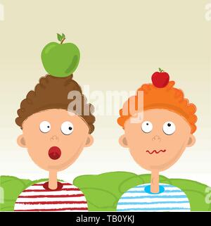 Vector illustration. Two kids with apples on their heads. William Tell tale. Stock Vector