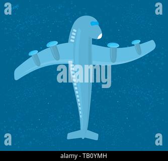 Vector illustration. Humanized cartoon airplane saluting. Blue starry background. Stock Vector