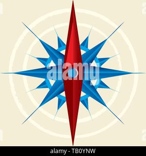 Vector illustration. Red and blue compass on beige background. Map stuff. Stock Vector