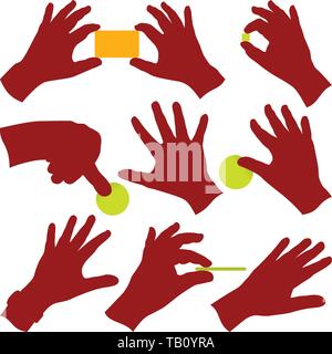 Vector illustration. Nine silhouette of hands at work in different positions. Stock Vector