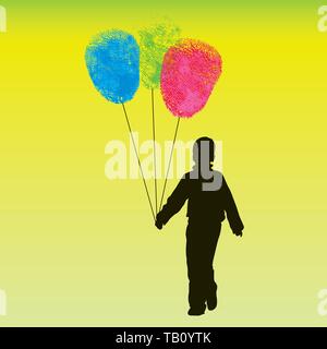 Vector illustration. Identity metaphor. A child with fingerprints as balloons. Stock Vector