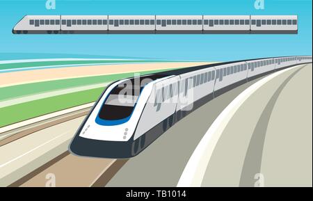 Vector illustration. Flat and 3D train on rails with velocity background. Stock Vector