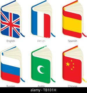 Vector illustration. Set of six books with flag for translation purposes. Stock Vector