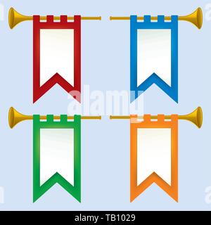 Vector illustration. Four medieval trumpets with assorted color flags. Stock Vector