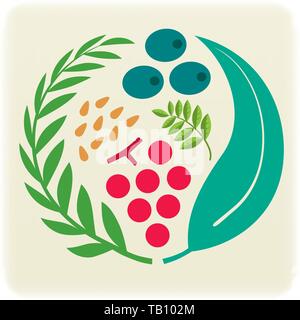Vector illustration. Rounded seal with vegetal icons. Sinthetic and geometrical forms. Stock Vector