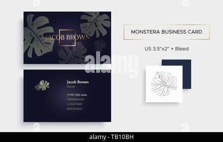 Business card in graphite color with Monstera Stock Vector