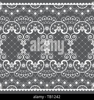 Romantic lace seamless vector pattern, vintage wedding lace design in white on gray background. Stock Vector