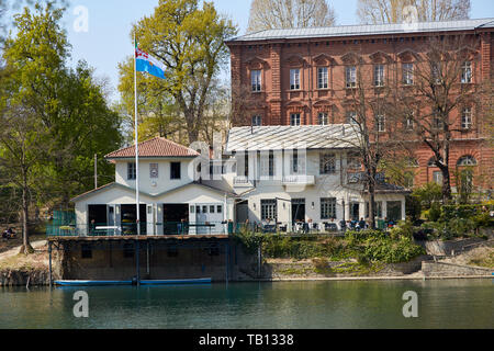 TURIN, ITALY - MARCH 31, 2019: Cerea Rowing Club building and terrace with people, Po river in Piedmont, Turin, Italy. Stock Photo