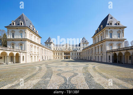 TURIN, ITALY - MARCH 31, 2019: Valentino castle and empty court view, clear blue sky in Piedmont, Turin, Italy. Stock Photo